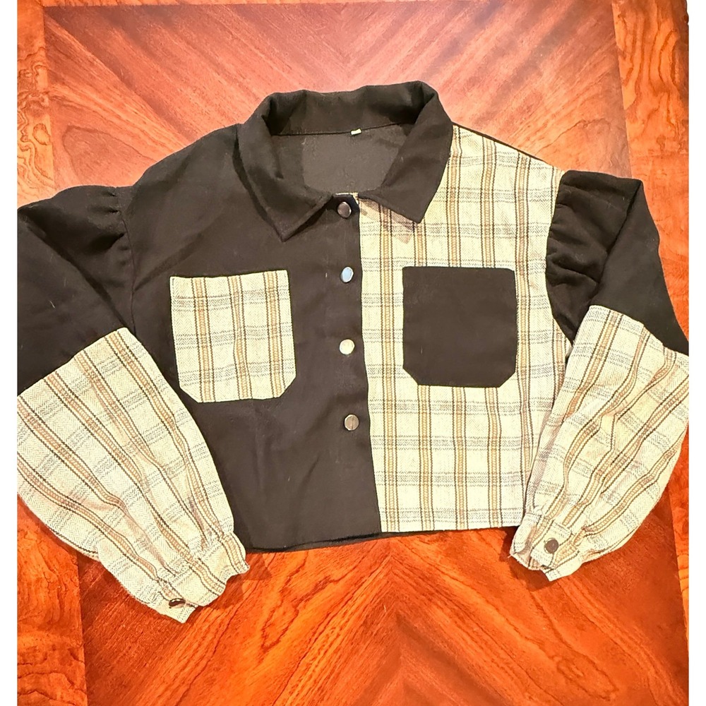 Colorblock Plaid Crop Jacket Womens Small Puff‎ Sleeve Button Up Top